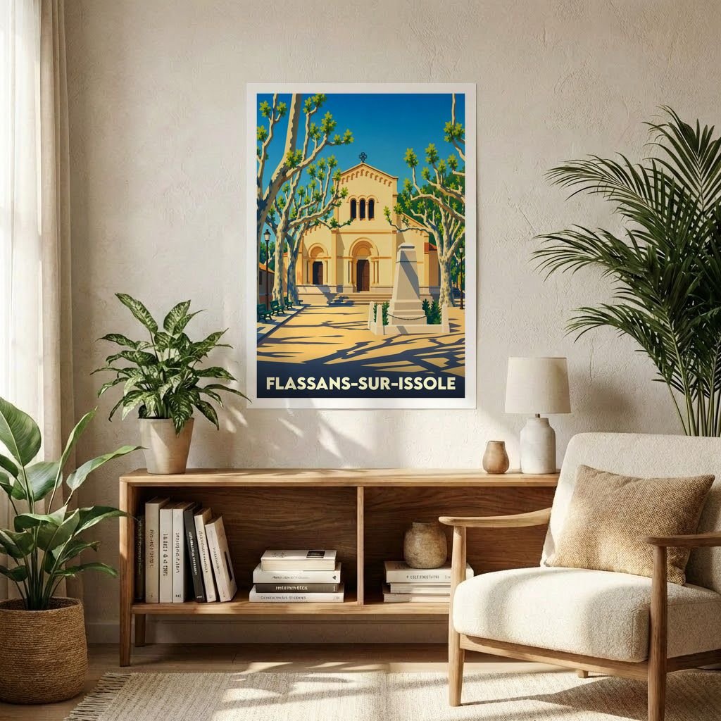 Affiche souvenir de la ville de Flassans-sur-Issole avec une illustration stylisée de son église et de sa place ensoleillée.
