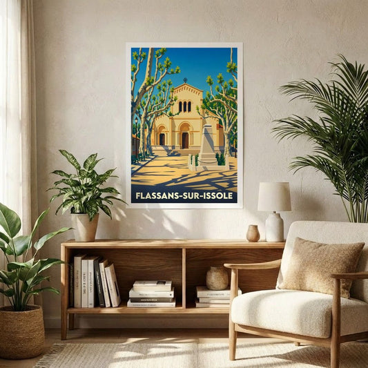 Affiche souvenir de la ville de Flassans-sur-Issole avec une illustration stylisée de son église et de sa place ensoleillée.