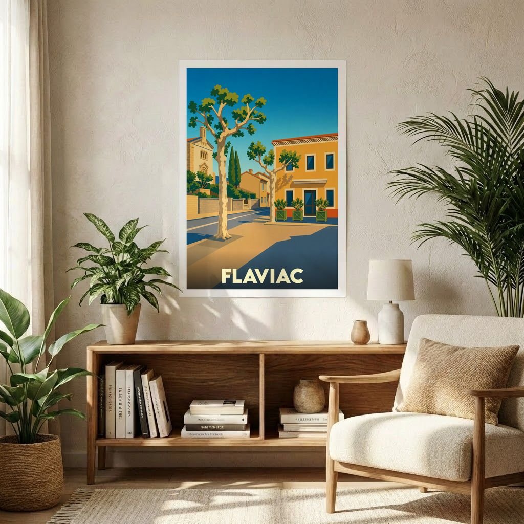 Affiche souvenir de la ville de Flaviac avec une illustration stylisée d'une rue ensoleillée.