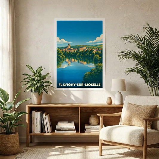 Affiche souvenir de la ville de Flavigny-sur-Moselle avec une illustration paysagère stylisée.
