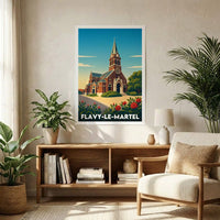 Affiche souvenir de la ville de Flavy-le-Martel avec une illustration stylisée de son église.