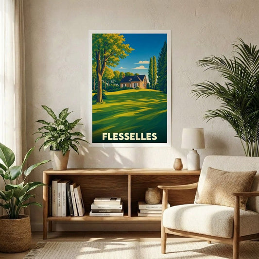 Affiche souvenir de la ville de Flesselles avec une illustration stylisée d'une maison dans un paysage verdoyant.