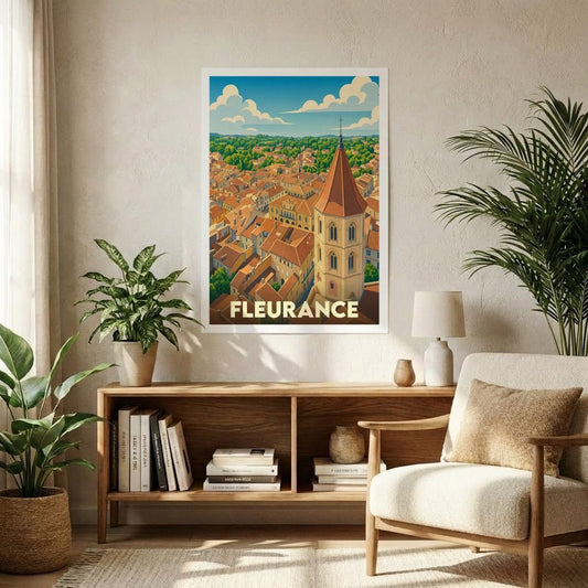 Affiche souvenir de la ville de Fleurance avec une illustration stylisée d'un clocher dominant les toits.
