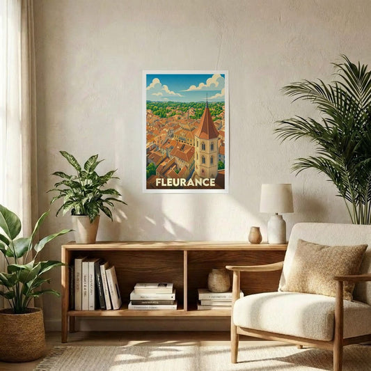 Affiche souvenir de la ville de Fleurance avec une illustration stylisée.