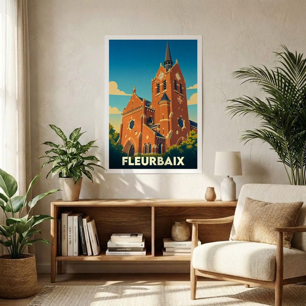 Affiche souvenir de la ville de Fleurbaix représentant son église dans un style graphique rétro.