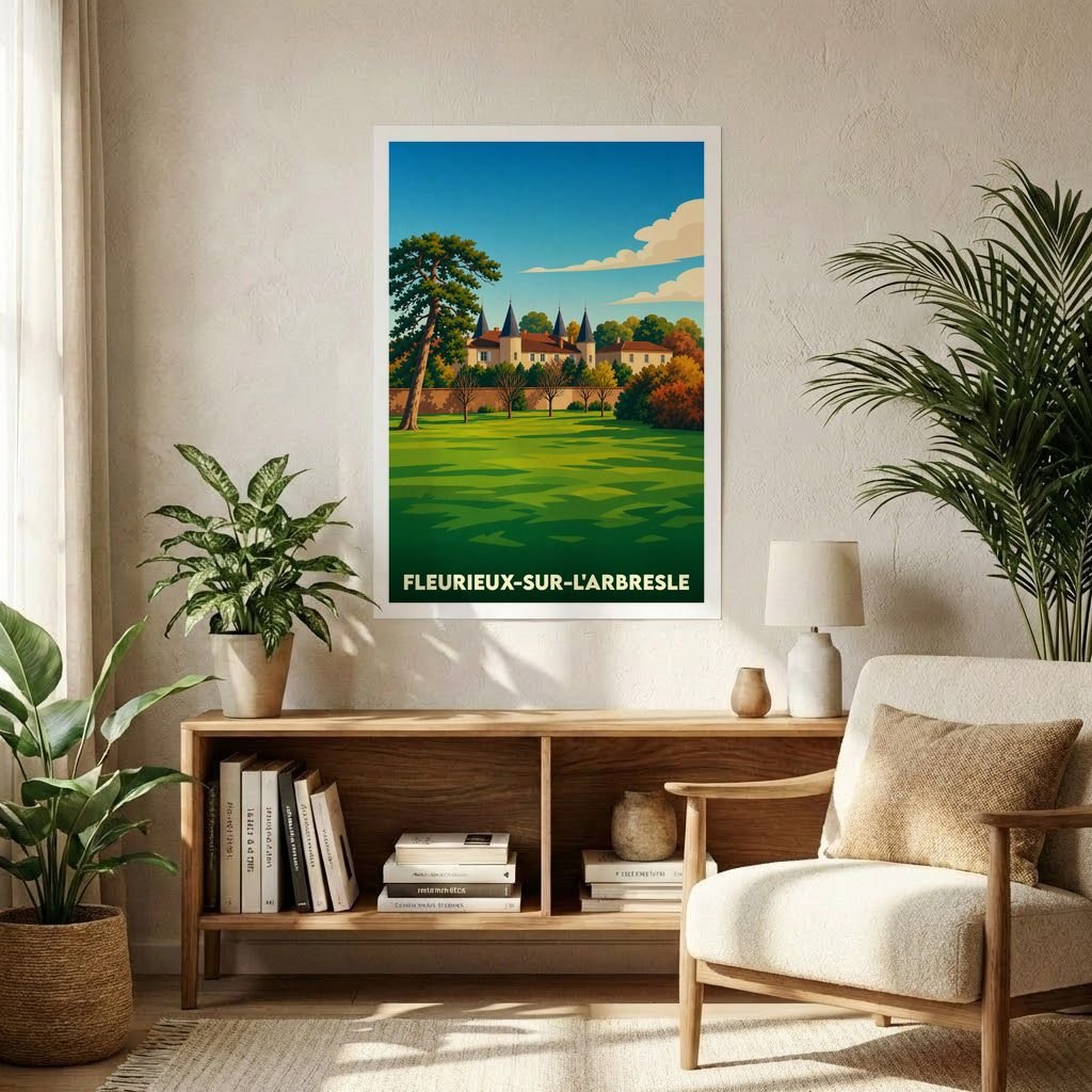 Affiche souvenir de la ville de Fleurieux-sur-l'Arbresle avec une illustration stylisée de son château et de son paysage.