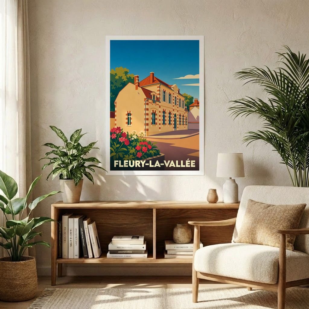 Affiche souvenir de la ville de Fleury-la-Vallée avec une illustration stylisée.