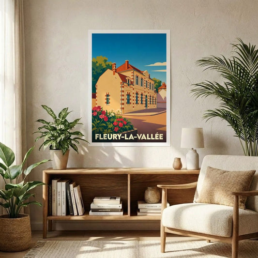 Affiche souvenir de la ville de Fleury-la-Vallée avec une illustration stylisée.