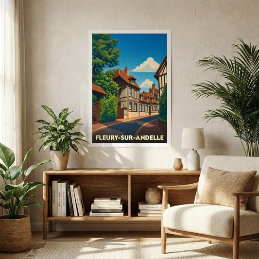 Affiche souvenir de la ville de Fleury-sur-Andelle avec une illustration stylisée de ses maisons à colombages.