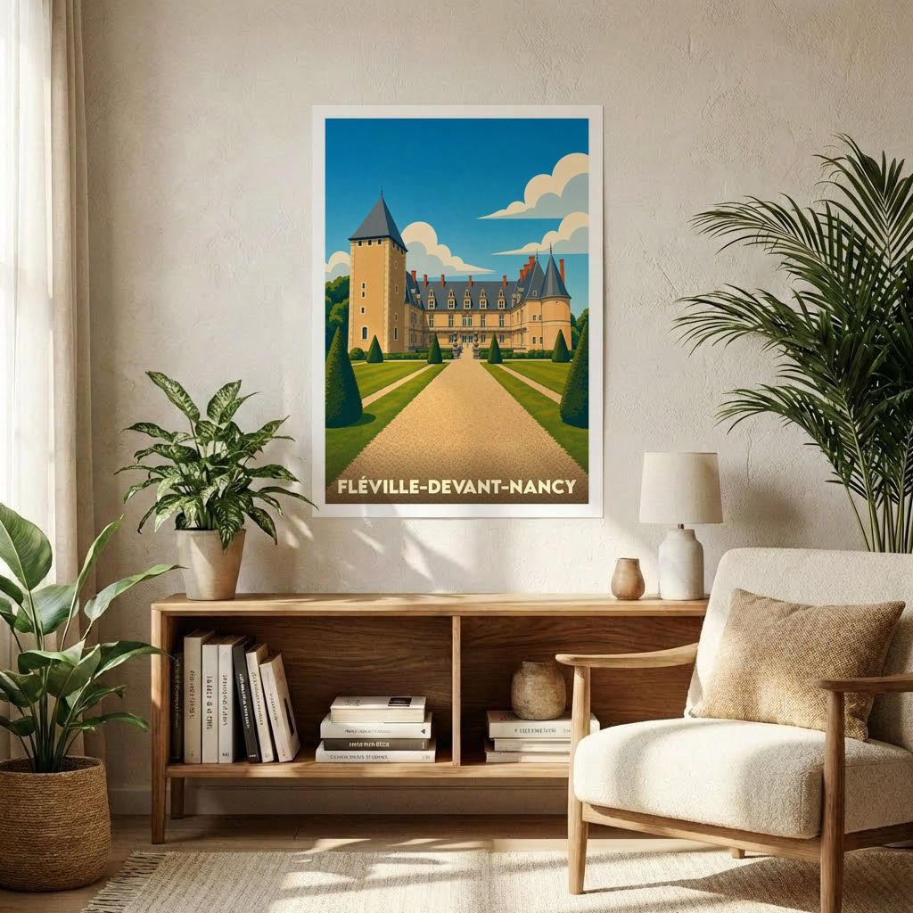 Affiche souvenir de la ville de Fléville-devant-Nancy avec une illustration stylisée de son château.