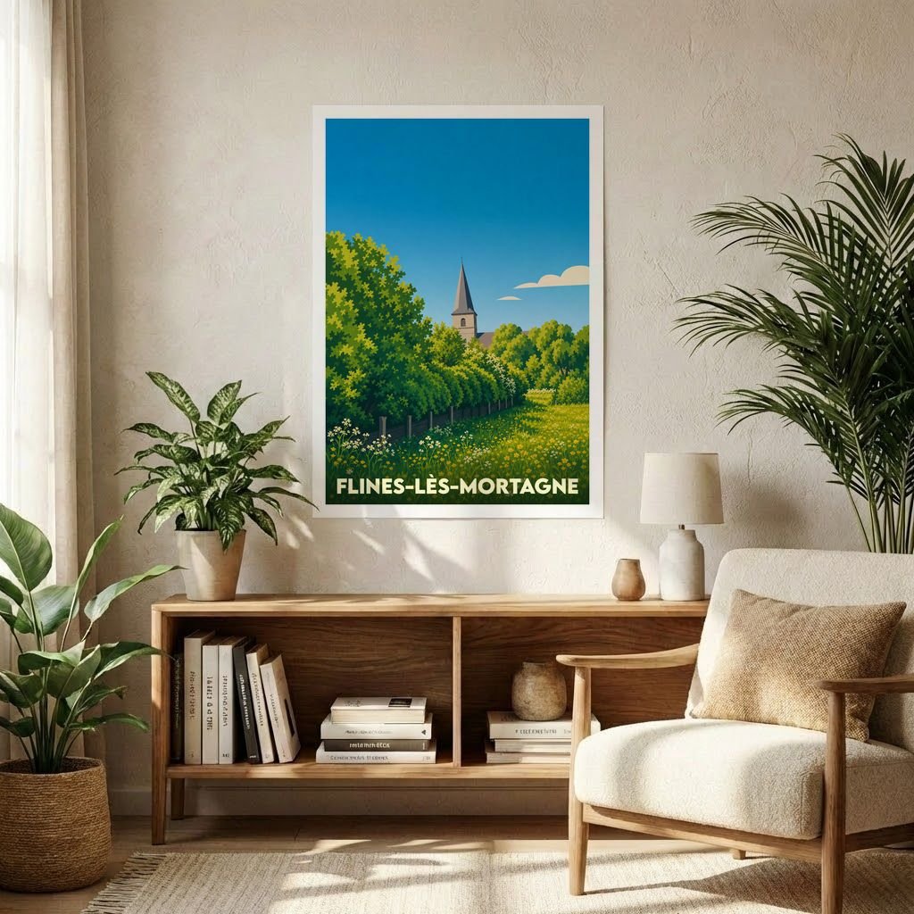 Affiche souvenir de la ville de Flines-lès-Mortagne avec une illustration de paysage bucolique.