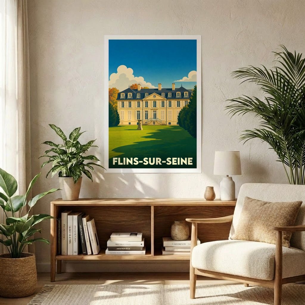 Affiche souvenir de la ville de Flins-sur-Seine avec une illustration stylisée de son château.