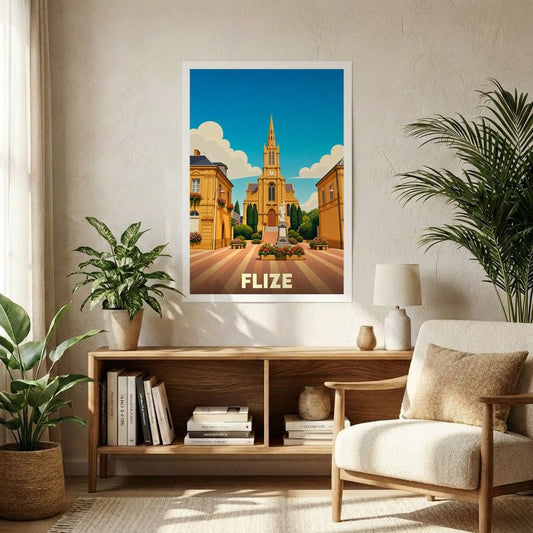 Affiche souvenir de la ville de Flize avec une illustration stylisée et colorée de son architecture.