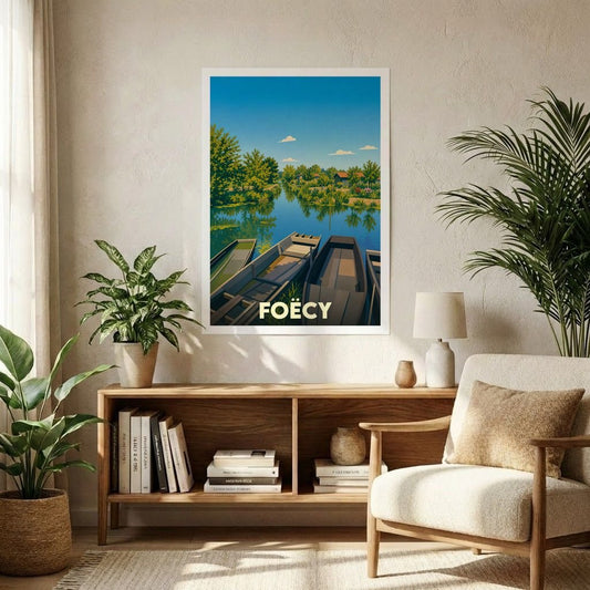 Affiche souvenir de la ville de Foëcy représentant des barques sur une rivière calme entourée de végétation.