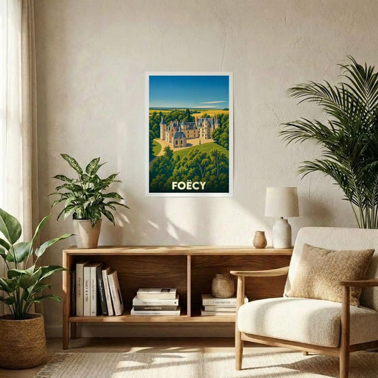 Affiche souvenir de la ville de Foëcy représentant son château dans un style graphique épuré.