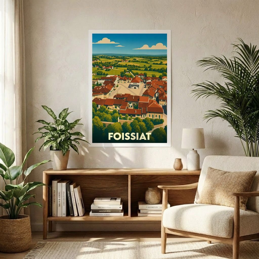 Affiche souvenir de la ville de Foissiat présentant une illustration stylisée d'un paysage de campagne française.