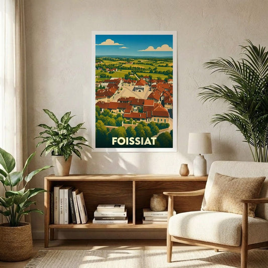 Affiche souvenir de la ville de Foissiat présentant une illustration stylisée d'un paysage de campagne française.