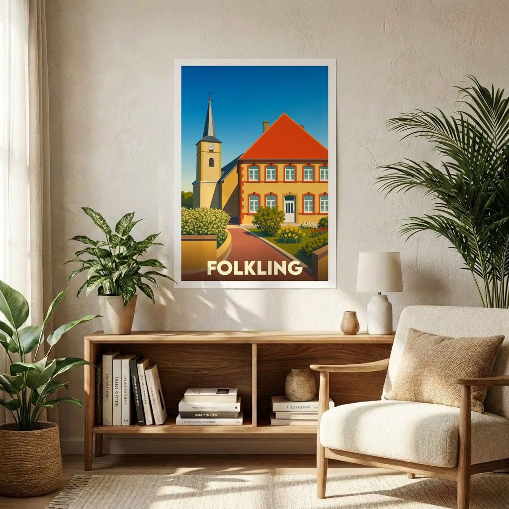 Affiche souvenir de la ville de Folkling avec une illustration stylisée représentant son église et une maison traditionnelle.