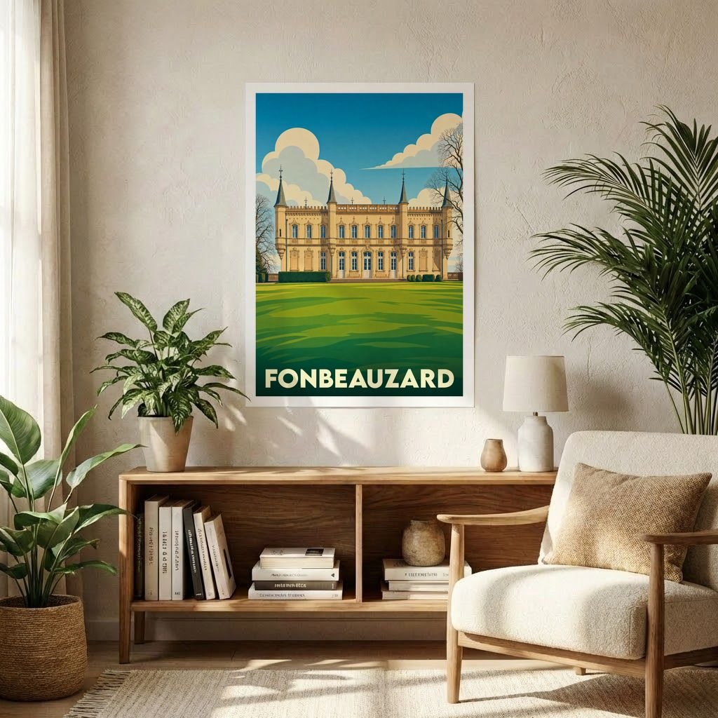 Affiche souvenir de la ville de Fonbeauzard avec une illustration stylisée de son château.