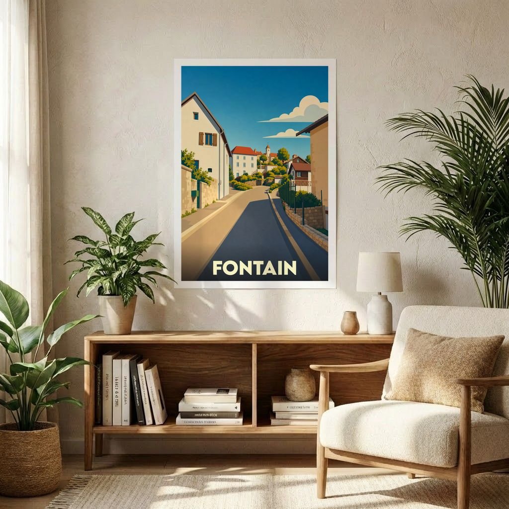 Affiche souvenir de la ville de Fontain avec une illustration stylisée d'une rue ensoleillée.