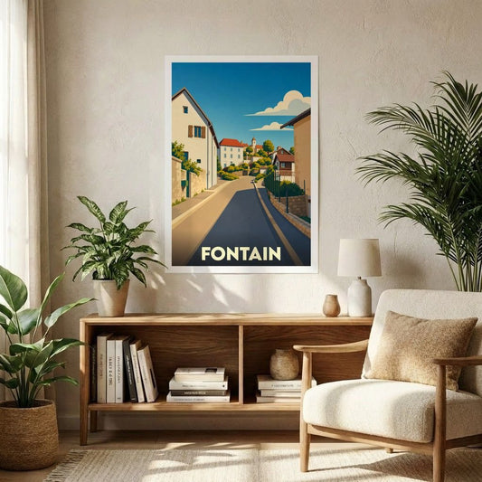 Affiche souvenir de la ville de Fontain avec une illustration stylisée d'une rue ensoleillée.