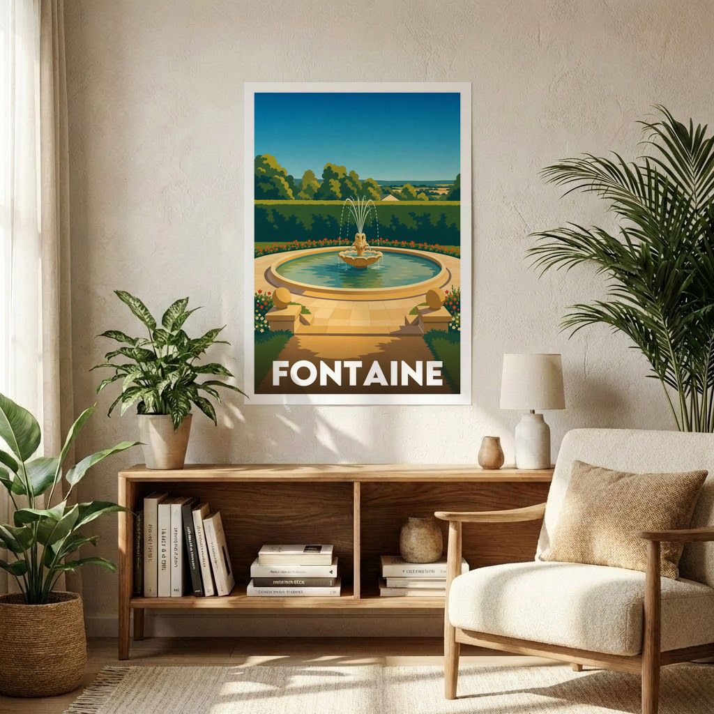 Affiche souvenir de la ville de Fontaine avec une illustration stylisée d'un jardin et d'une fontaine.