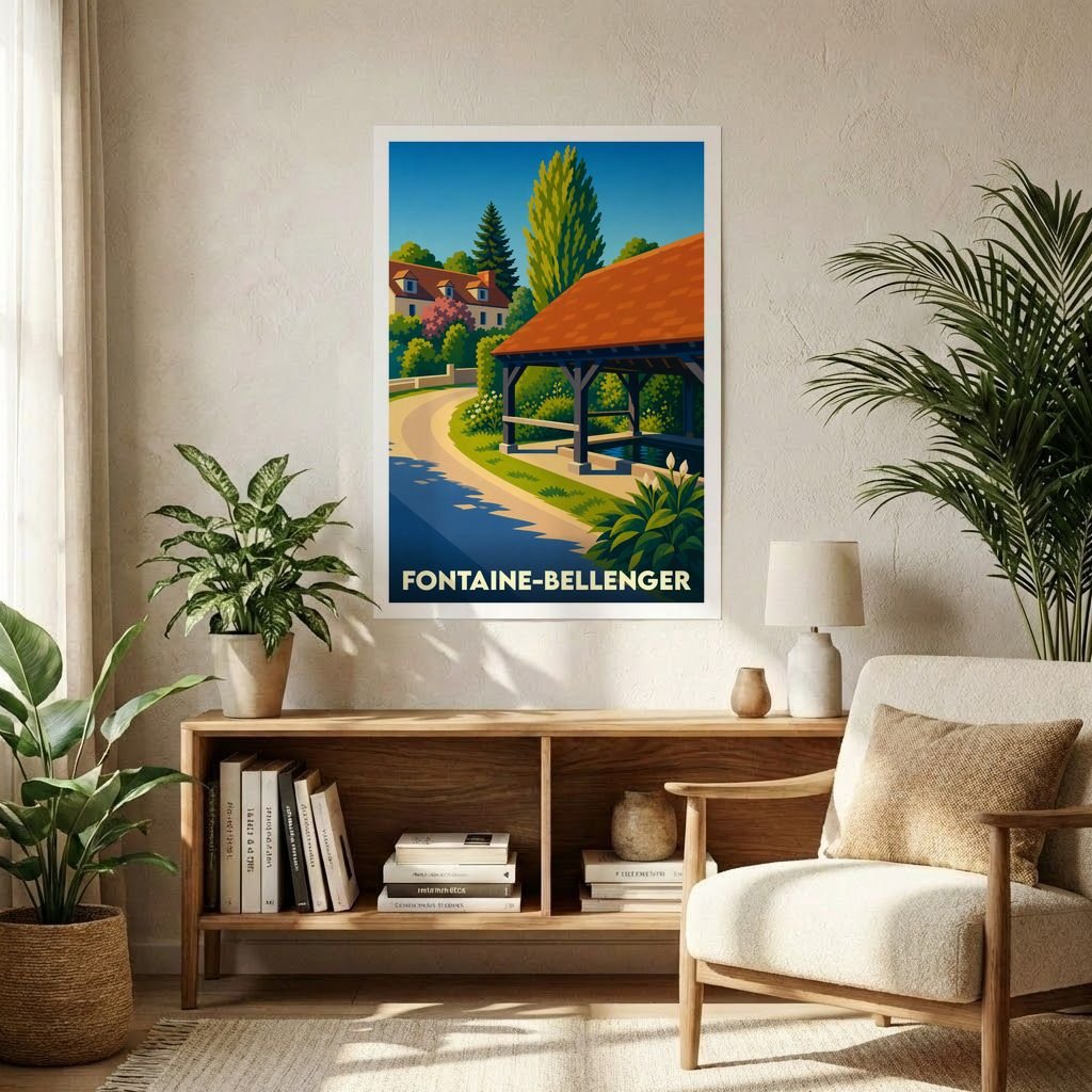 Affiche souvenir de la ville de Fontaine-Bellenger avec une illustration stylisée d'un lavoir traditionnel.