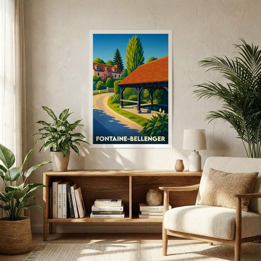 Affiche souvenir de la ville de Fontaine-Bellenger avec une illustration stylisée d'un lavoir traditionnel.