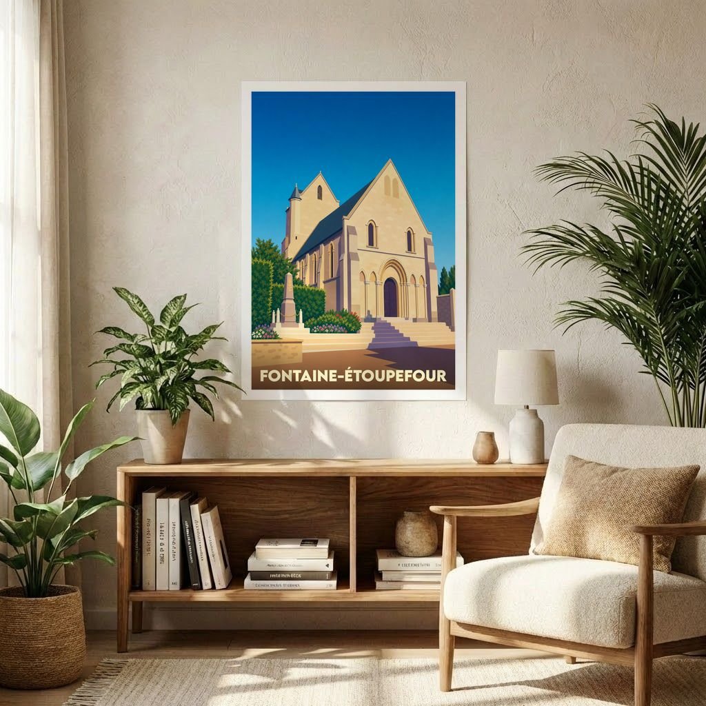 Affiche souvenir de la ville de Fontaine-Étoupefour avec une illustration stylisée de son église.