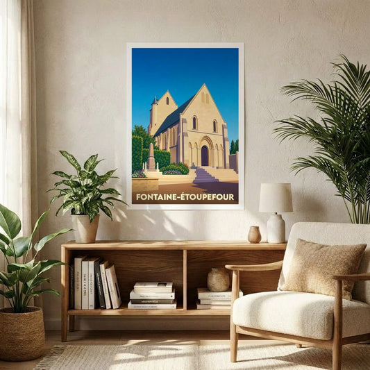Affiche souvenir de la ville de Fontaine-Étoupefour avec une illustration stylisée de son église.
