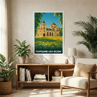 Affiche souvenir de la ville de Fontaine-lès-Dijon avec une illustration stylisée de son patrimoine architectural.