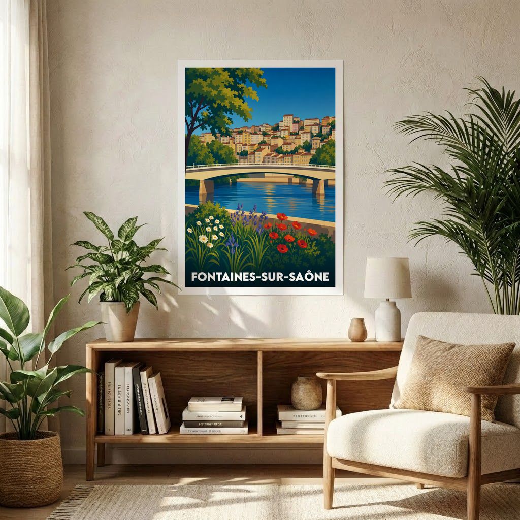 Affiche souvenir de la ville de Fontaines-sur-Saône avec une illustration colorée et stylisée représentant son pont et ses quais fleurinis.