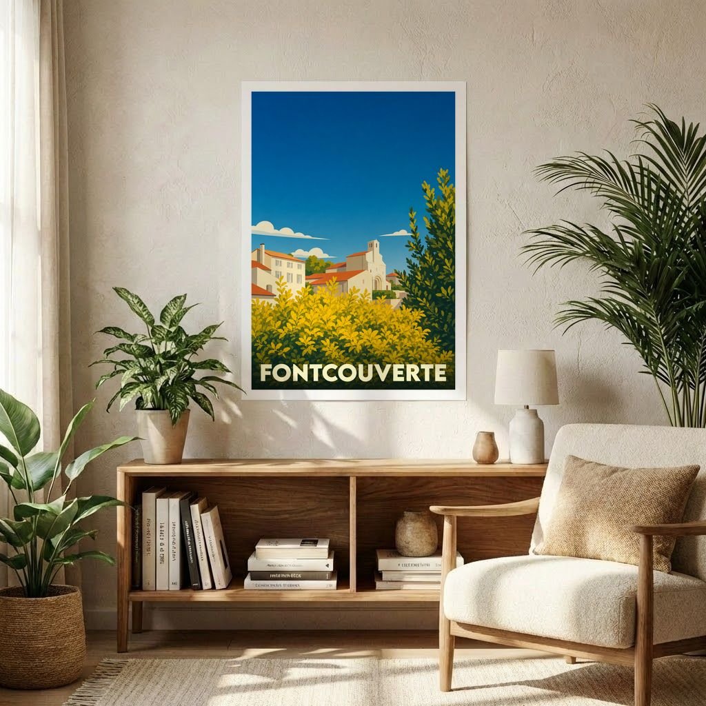 Affiche souvenir de la ville de Fontcouverte avec une illustration stylisée et colorée.