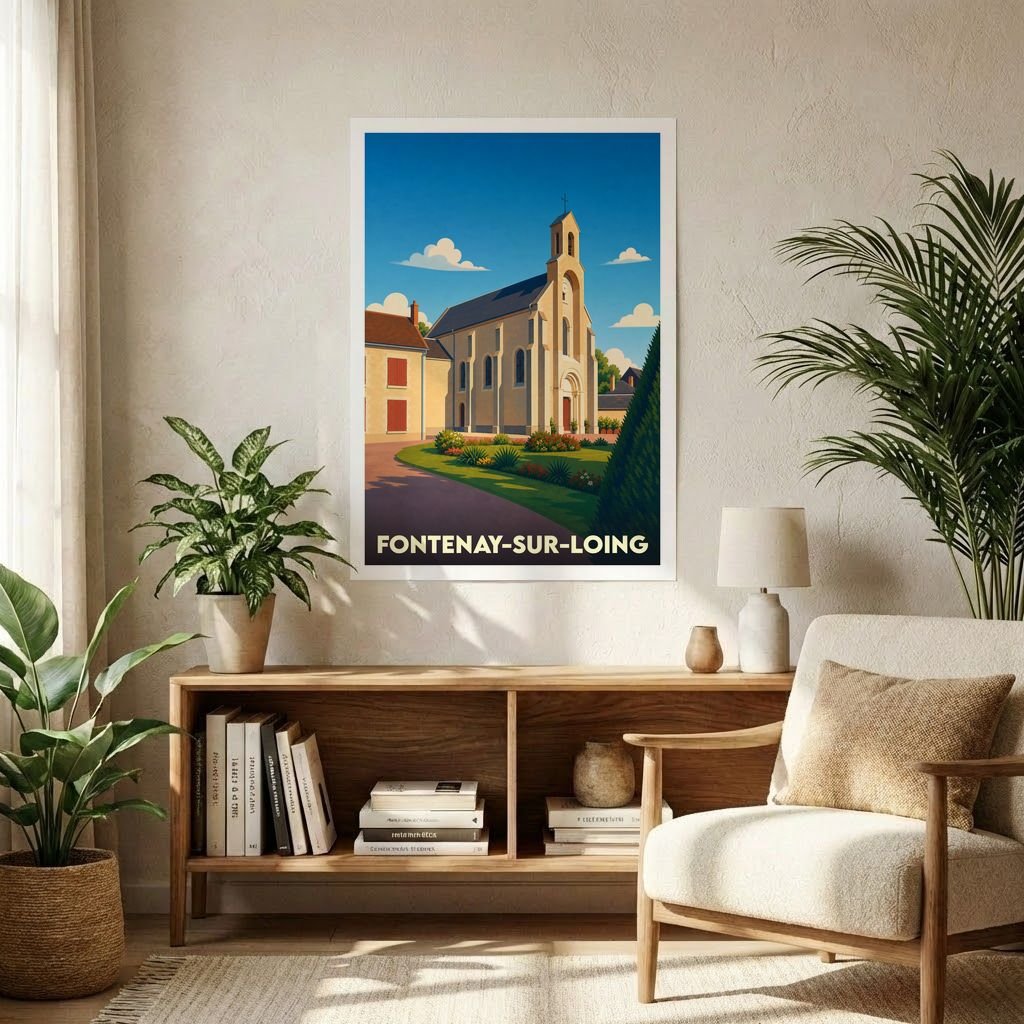 Affiche souvenir de la ville de Fontenay-sur-Loing présentant une illustration stylisée de son église sous un ciel bleu.