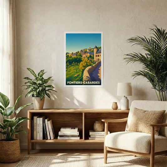 Affiche souvenir de la ville de Fontiers-Cabardès avec une illustration stylisée d'un village ensoleillé.