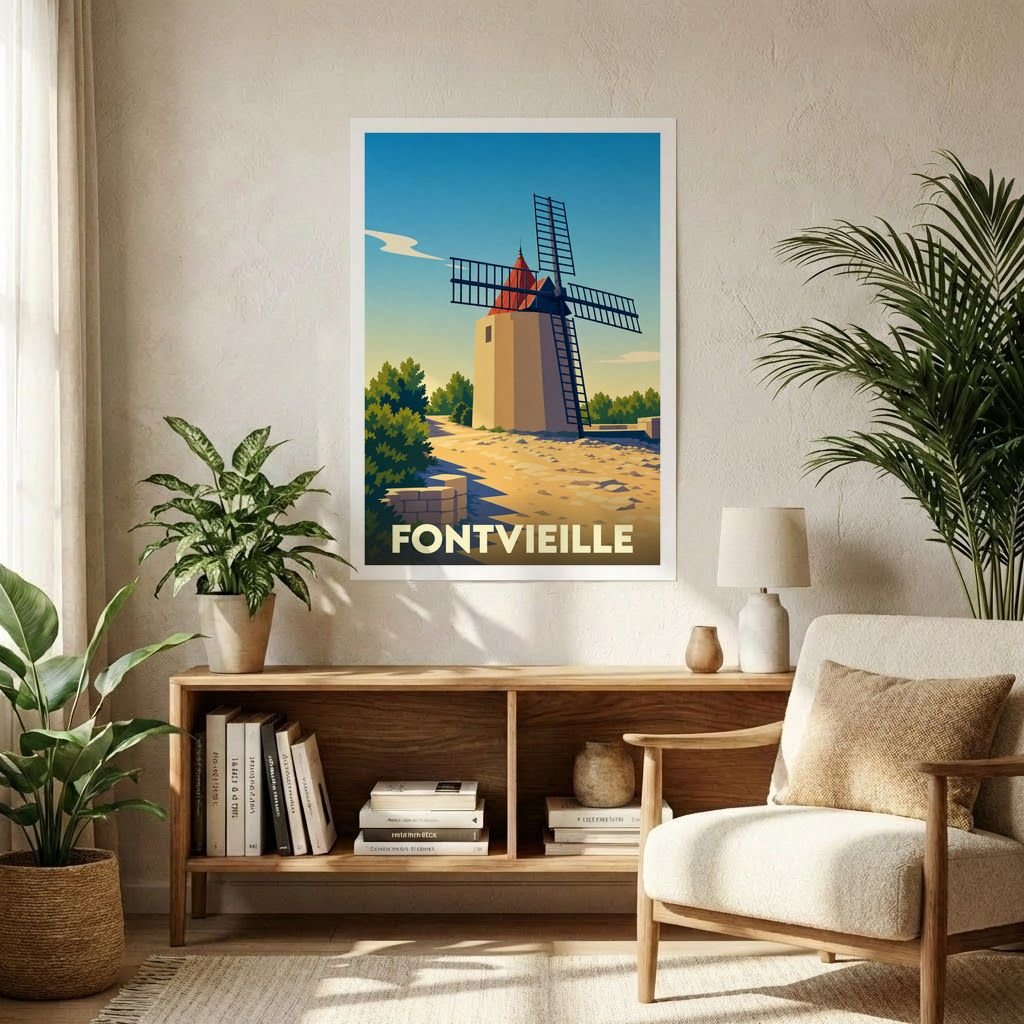 Affiche souvenir de la ville de Fontvieille représentant un moulin à vent dans un style graphique rétro.