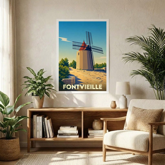 Affiche souvenir de la ville de Fontvieille représentant un moulin à vent dans un style graphique rétro.