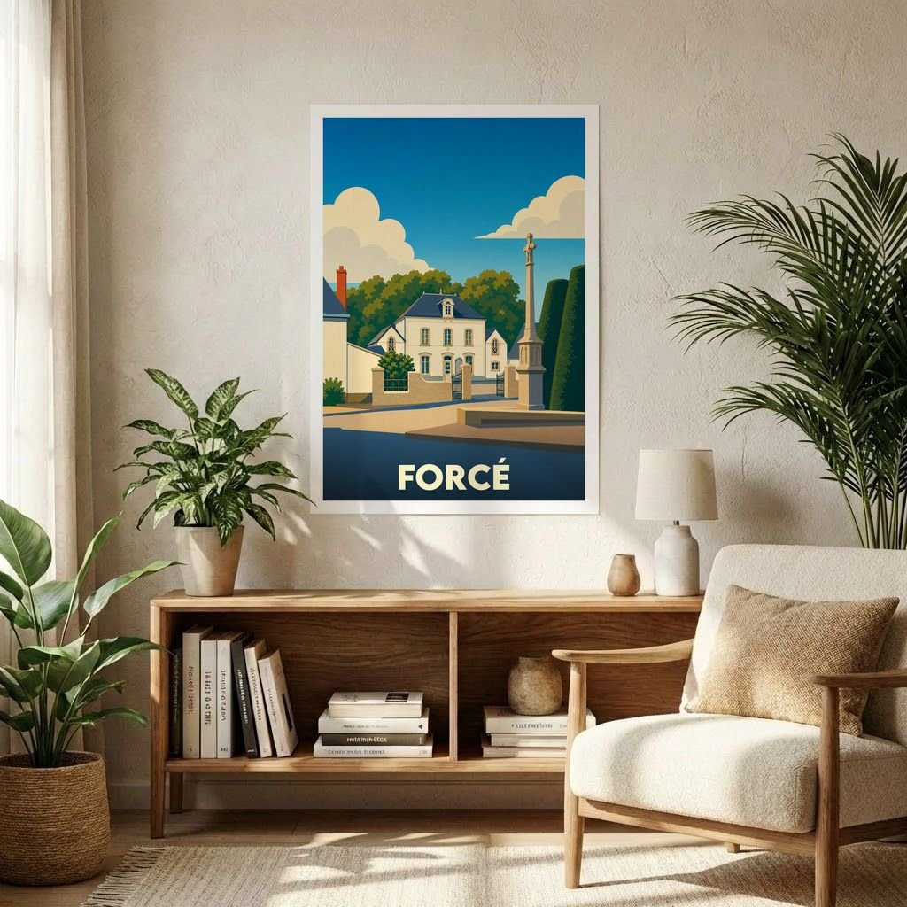 Affiche souvenir de la ville de Forcé présentant une illustration stylisée d'une demeure traditionnelle et d'un calvaire sous un ciel azur.