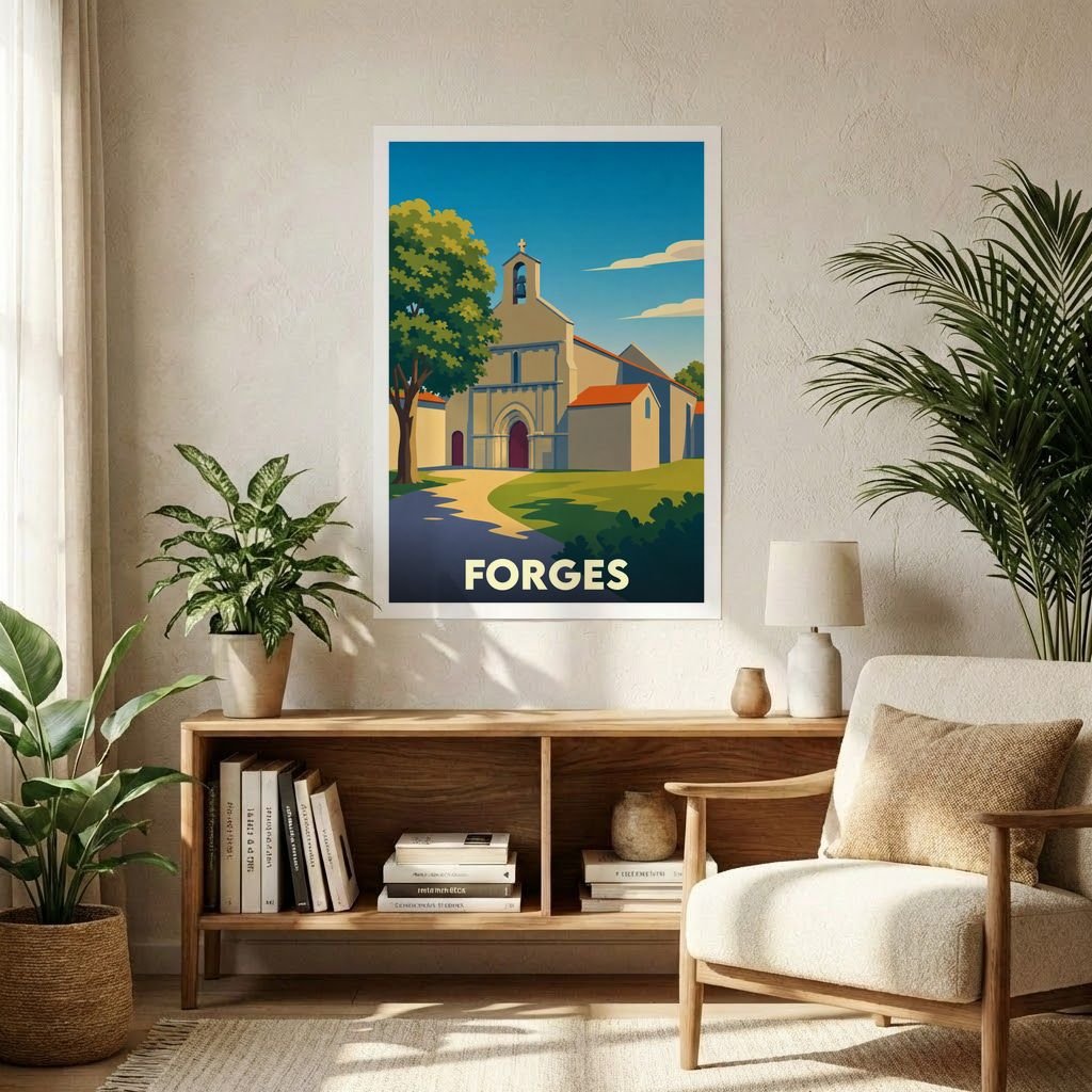 Affiche souvenir de la ville de Forges avec une illustration stylisée d'une église locale.