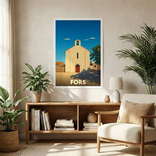 Affiche souvenir de la ville de Fors représentant une église sous un ciel bleu dans un style graphique épuré.
