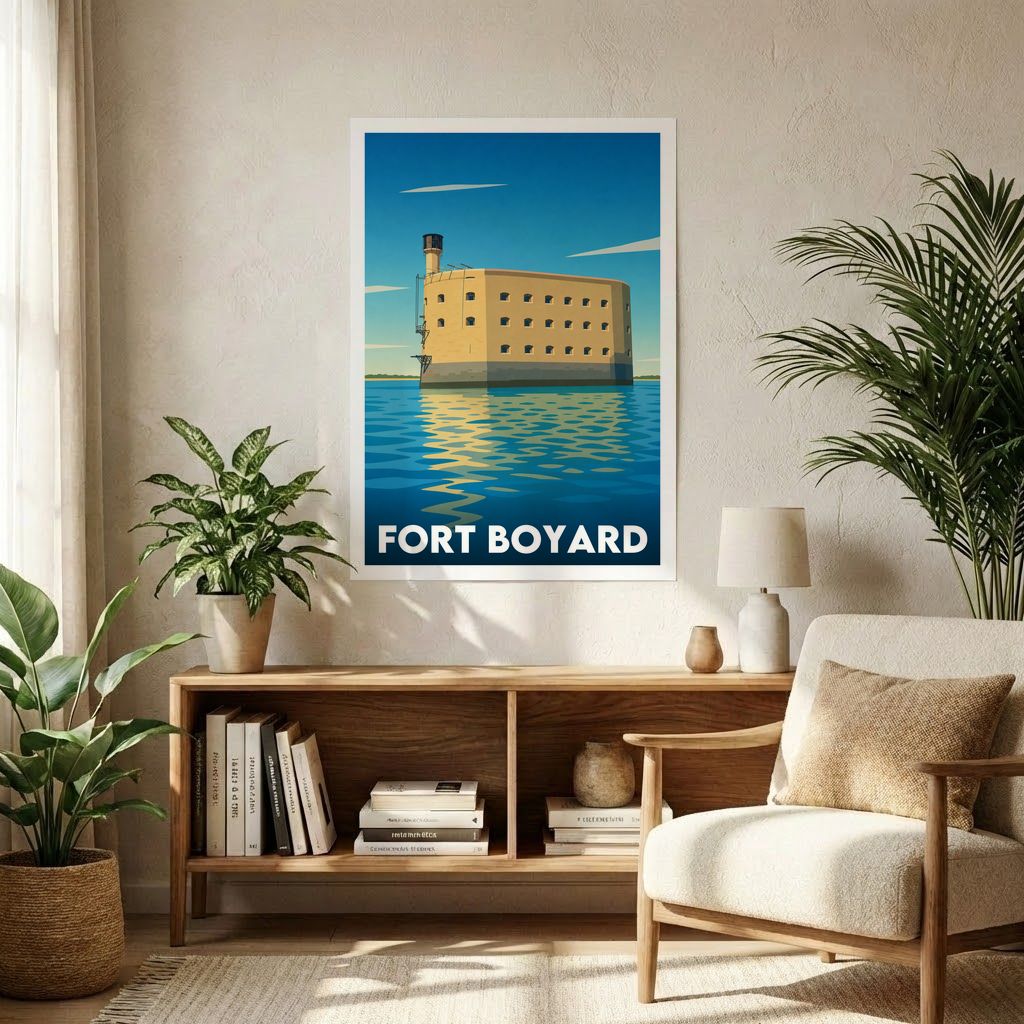 Affiche souvenir de Fort Boyard avec une illustration stylisée du monument en mer.