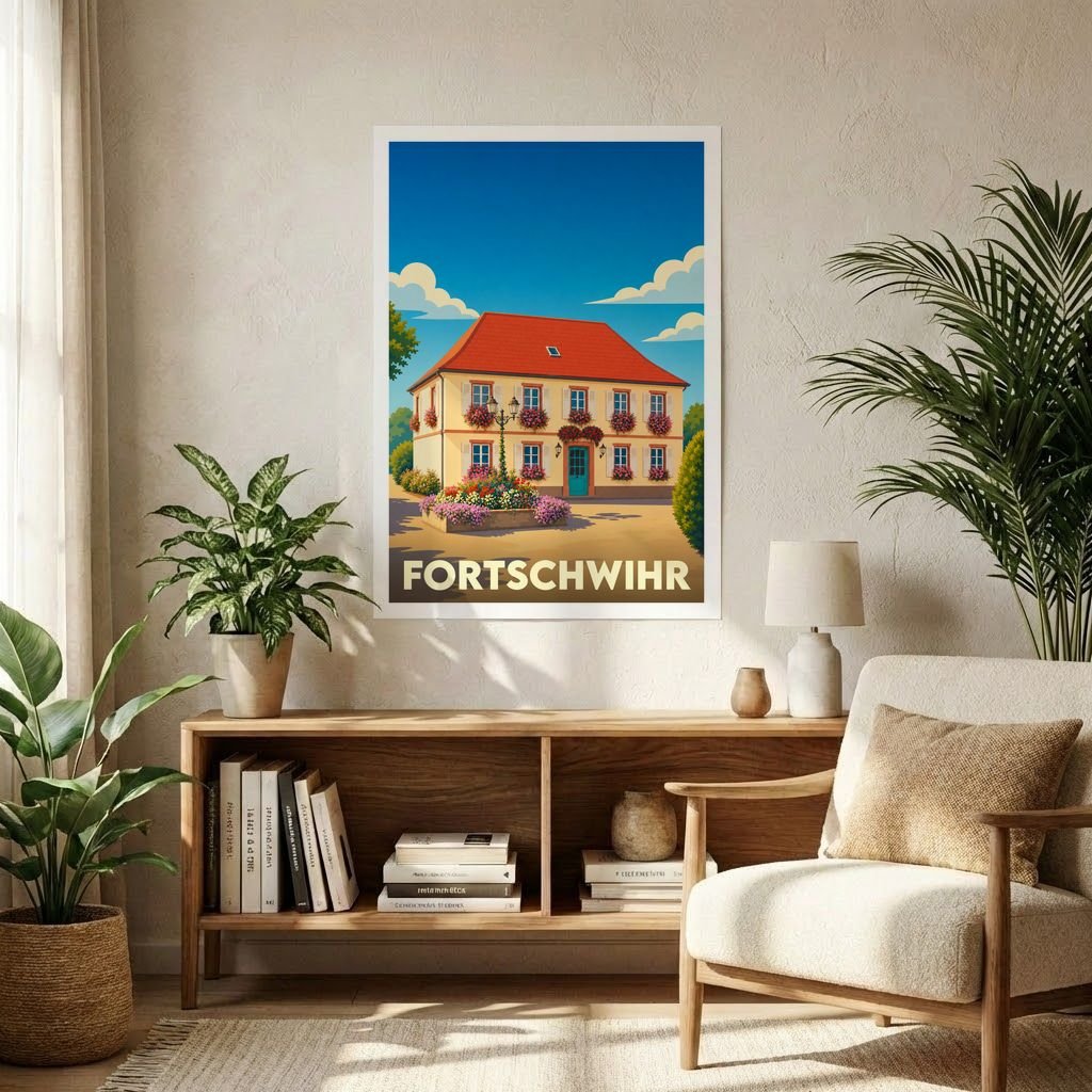 Affiche souvenir de la ville de Fortschwihr avec une illustration stylisée d'une maison alsacienne fleurie.