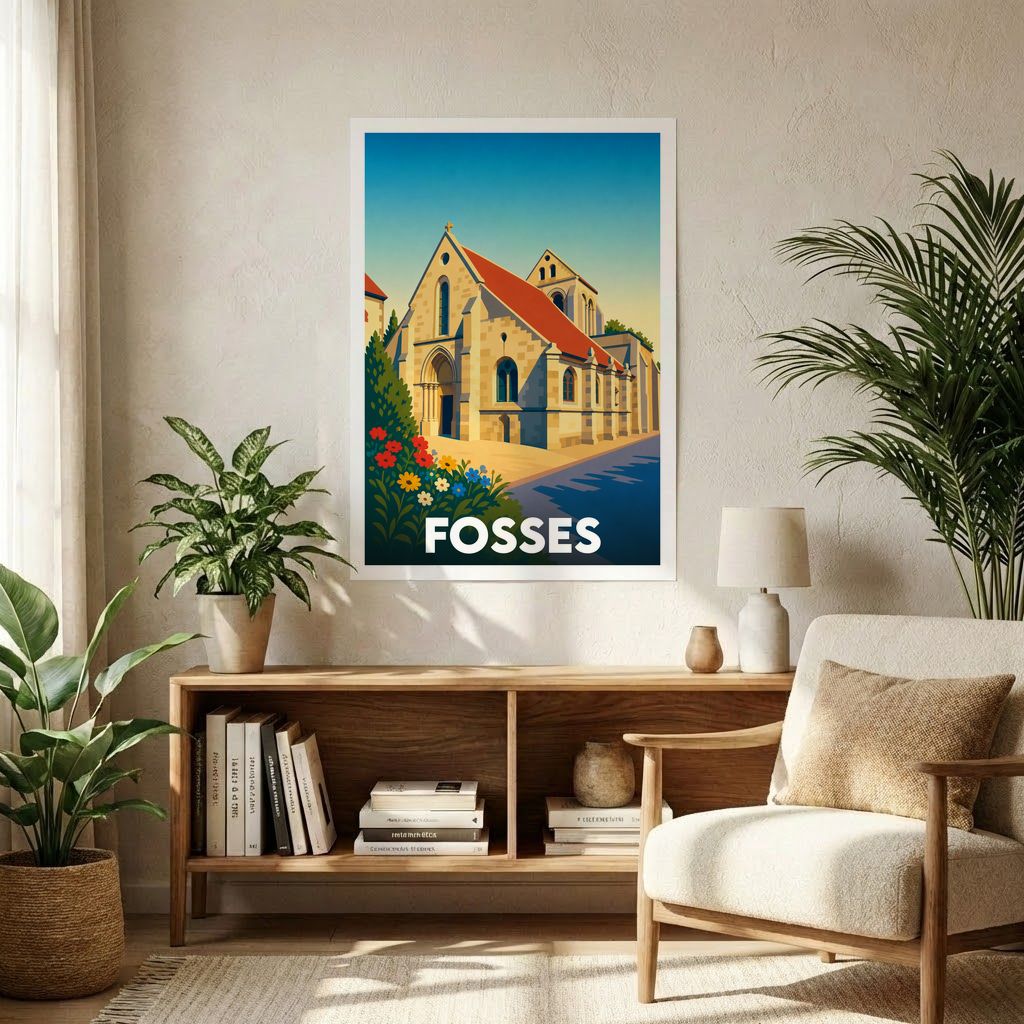 Affiche souvenir de la ville de Fosses représentant son église dans un style graphique épuré et coloré.