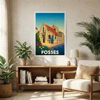 Affiche souvenir de la ville de Fosses représentant son église dans un style graphique épuré et coloré.