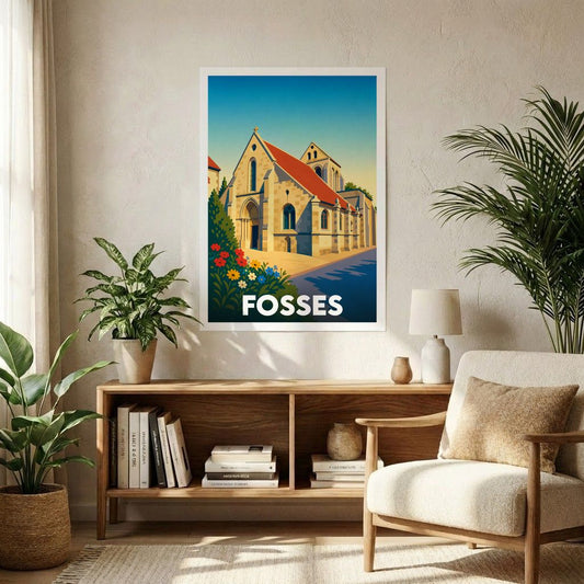 Affiche souvenir de la ville de Fosses représentant son église dans un style graphique épuré et coloré.