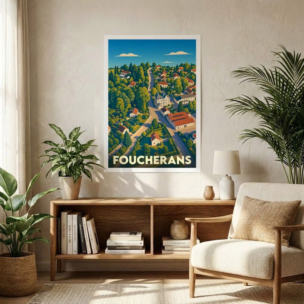 Affiche souvenir de la ville de Foucherans avec une illustration stylisée et colorée vue du ciel.