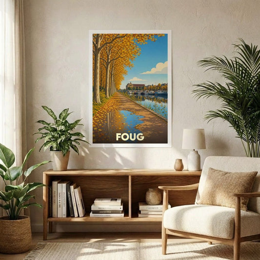 Affiche souvenir de la ville de Foug avec une illustration stylisée d'un canal en automne.