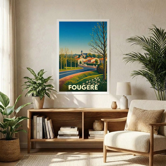 Affiche souvenir de la ville de Fougeré avec une illustration stylisée de style vintage.