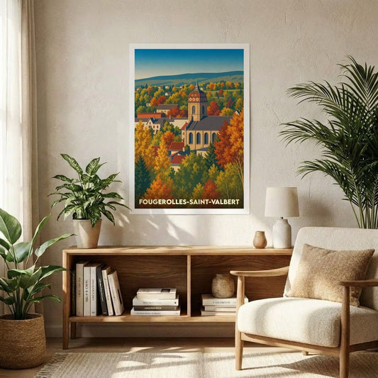 Affiche souvenir grand format de la ville de Fougerolles-Saint-Valbert avec une illustration stylisée aux couleurs d'automne.
