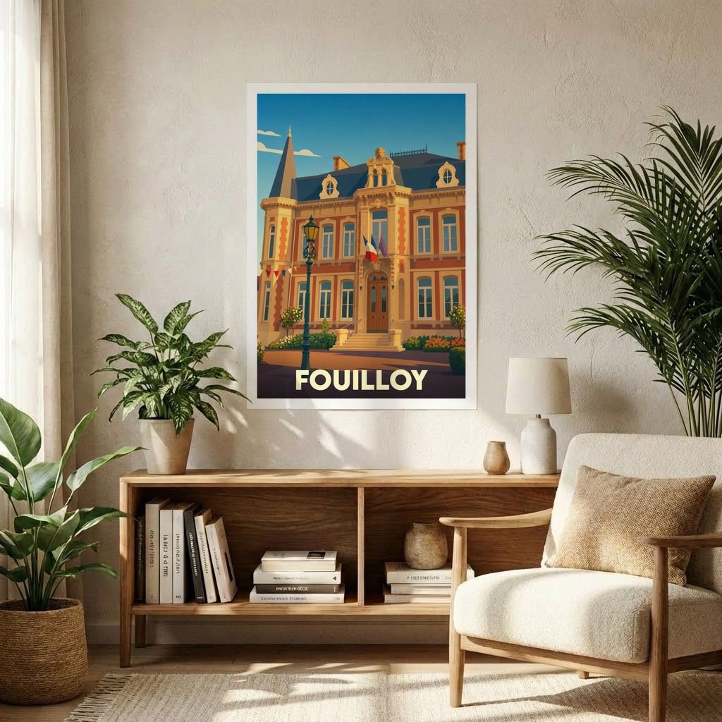 Affiche souvenir de la ville de Fouilloy avec une illustration stylisée de son hôtel de ville.